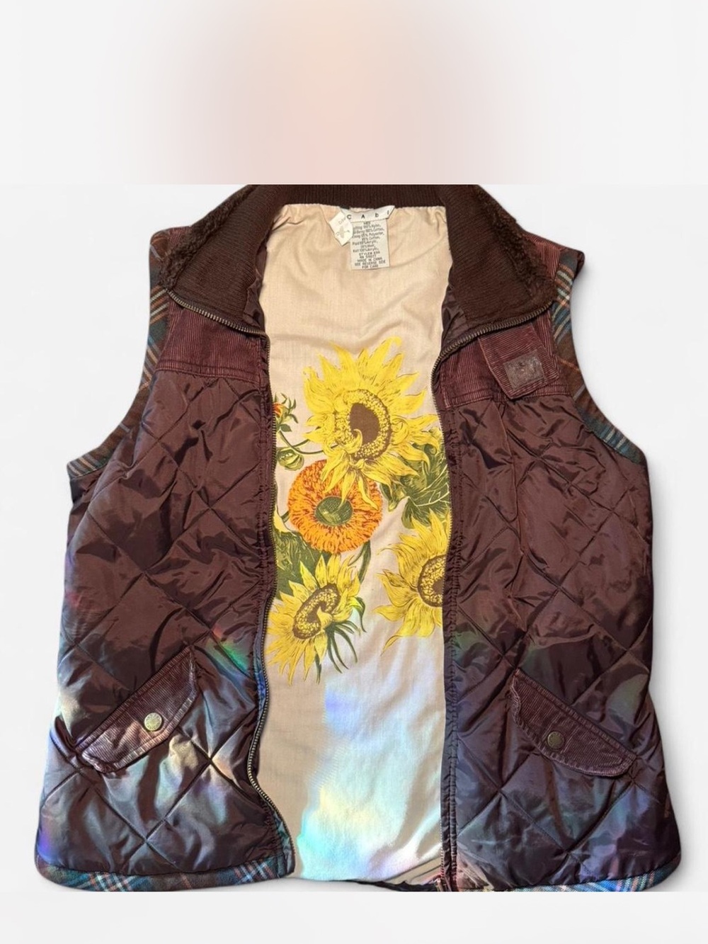 CAbi Brown Quilted Vest with Yellow Sunflower Lining